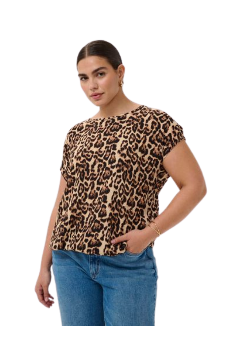 kaffe curve kortærmet bluse KCvilana Ami brunt leopard print