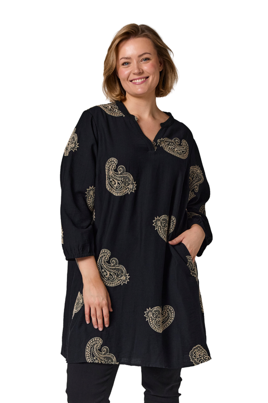 Gozzip Woman GJeana tunika - Sort med sandfarvet broderi