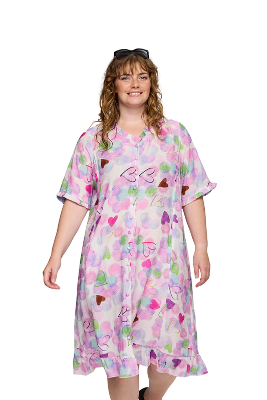 Studio kjole SSally hvid med pink/lilla print